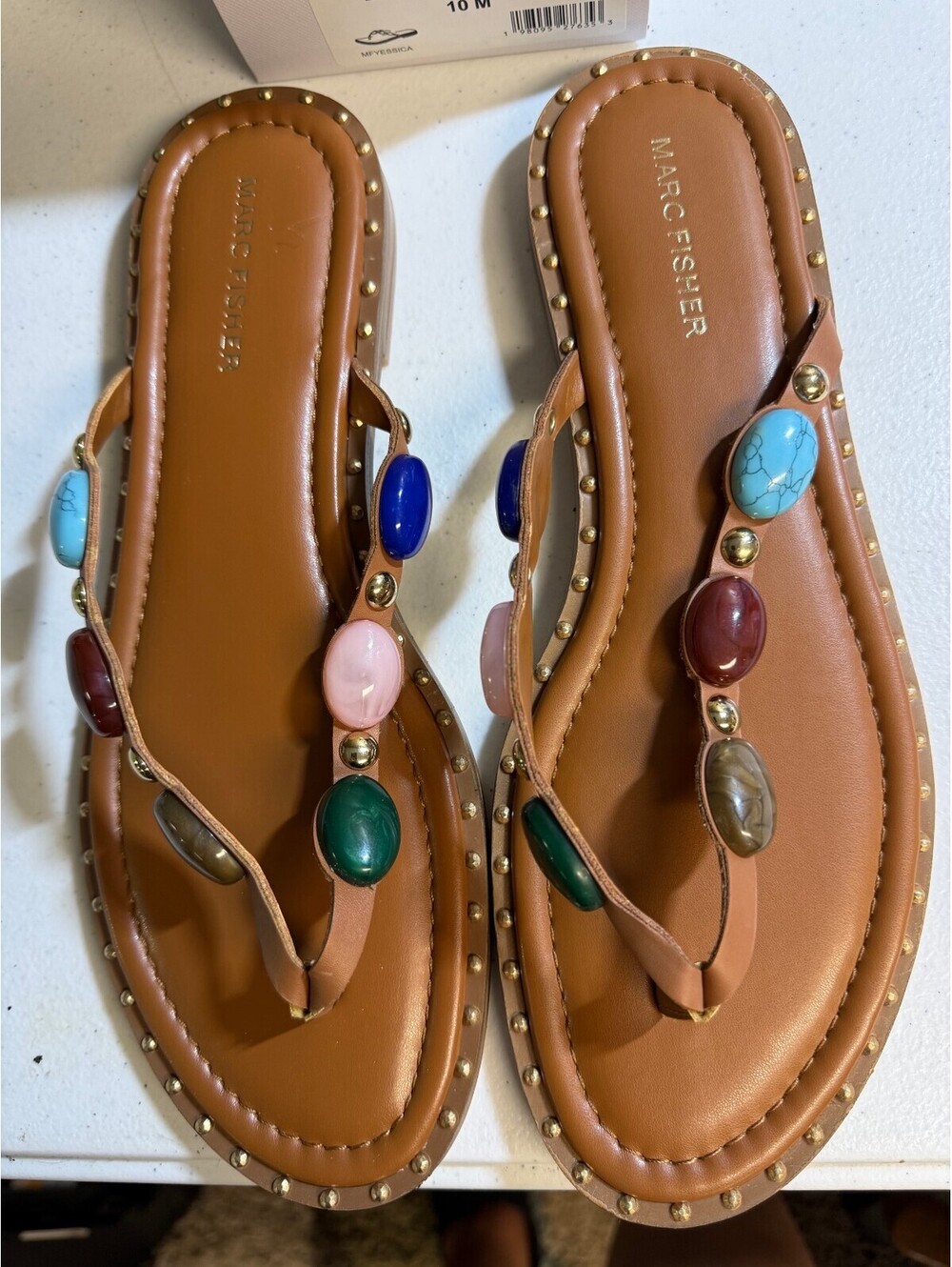 Marc Fisher Dark Natural 120 Studded Thong Sandals Size 10M